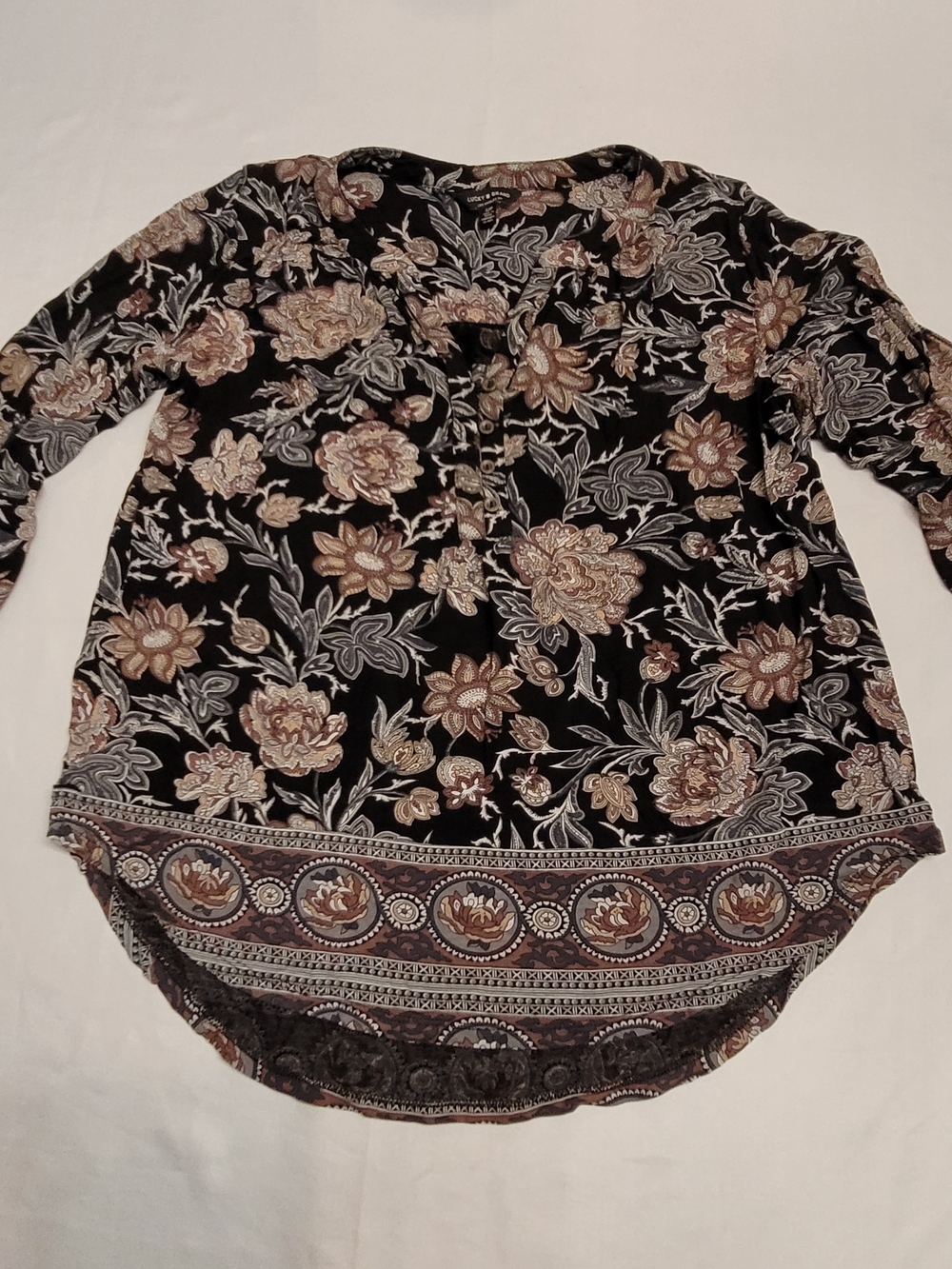 Lucky Brand Boho Floral Blouse Small Black Viscose Peasant Top